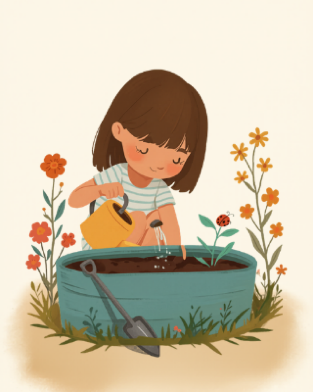 Child in a garden with a watering can, pouring water on a seedling
