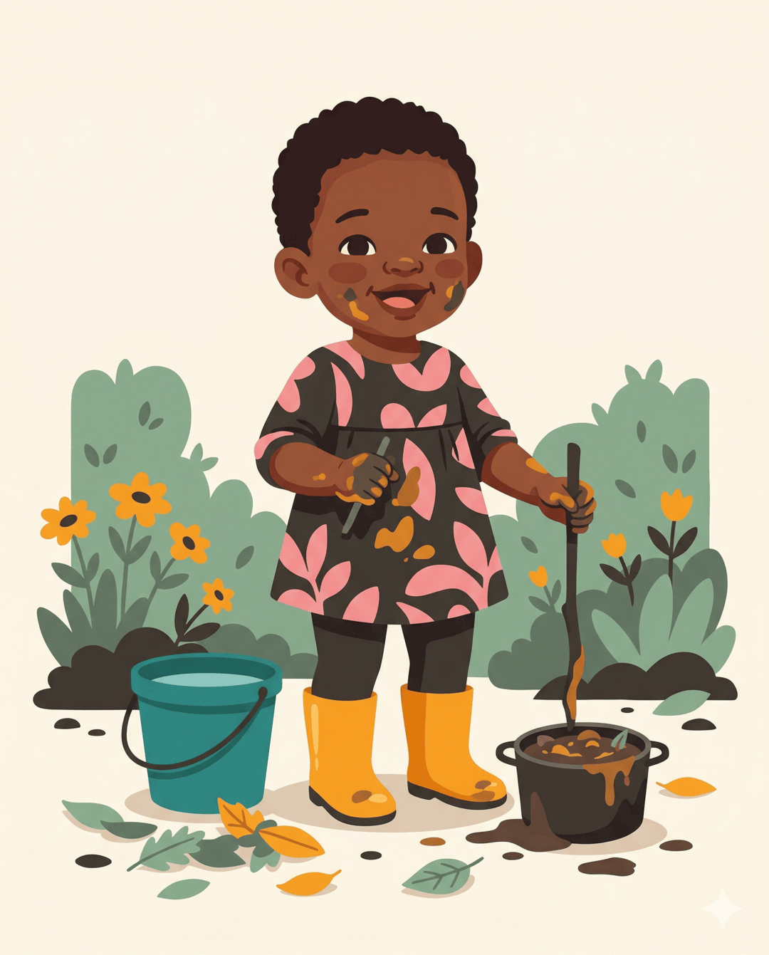 Girl in yellow wellies and patterned dress stirring a mud pie pot in the garden