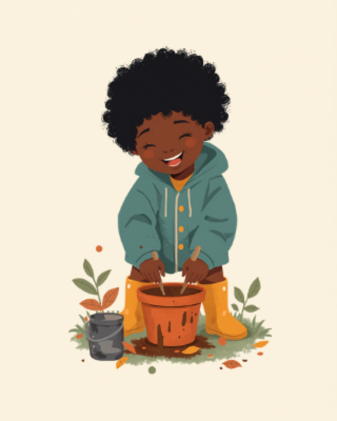 Child in welly boots stirring a mud pie in a pot in the garden