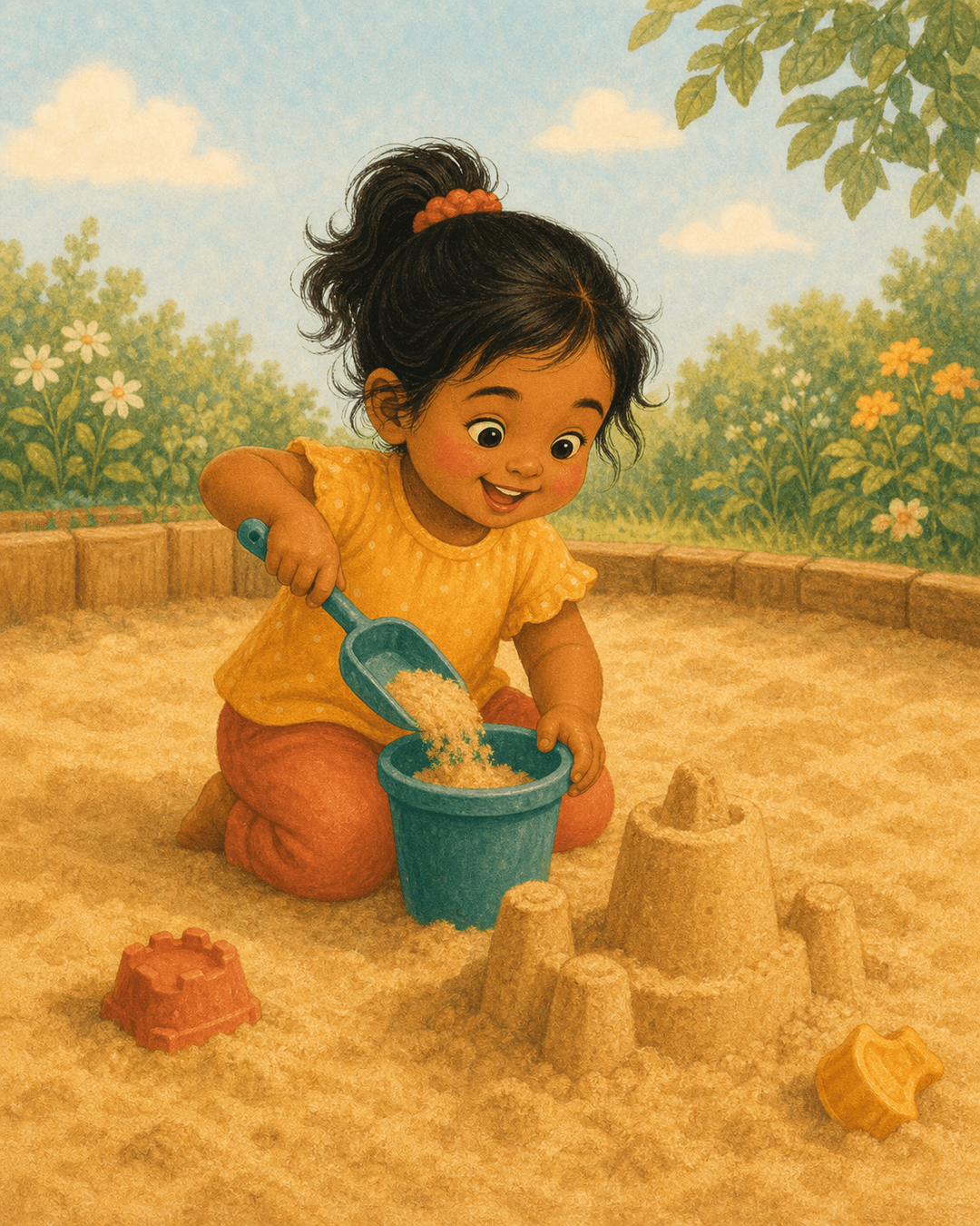 Toddler in a sandpit filling a bucket with a spade