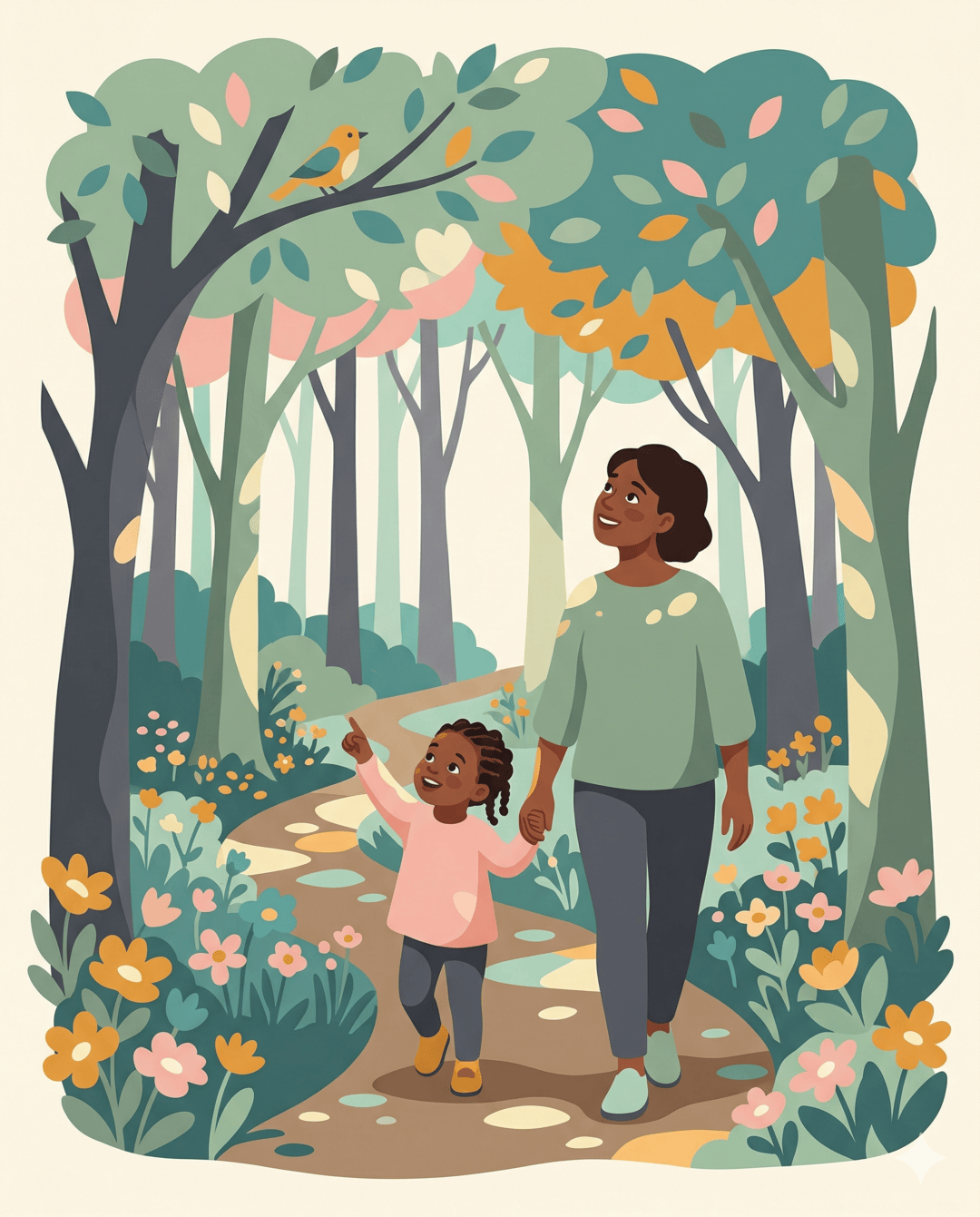 Parent and child on a woodland path surrounded by wildflowers, child pointing up at a bird