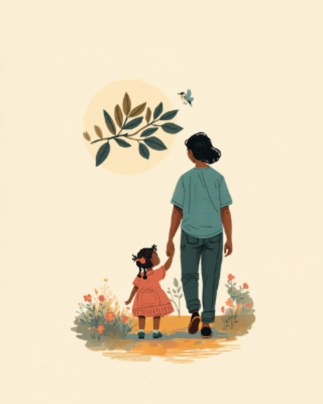 Parent and child walking hand-in-hand, child pointing at a bird in a tree