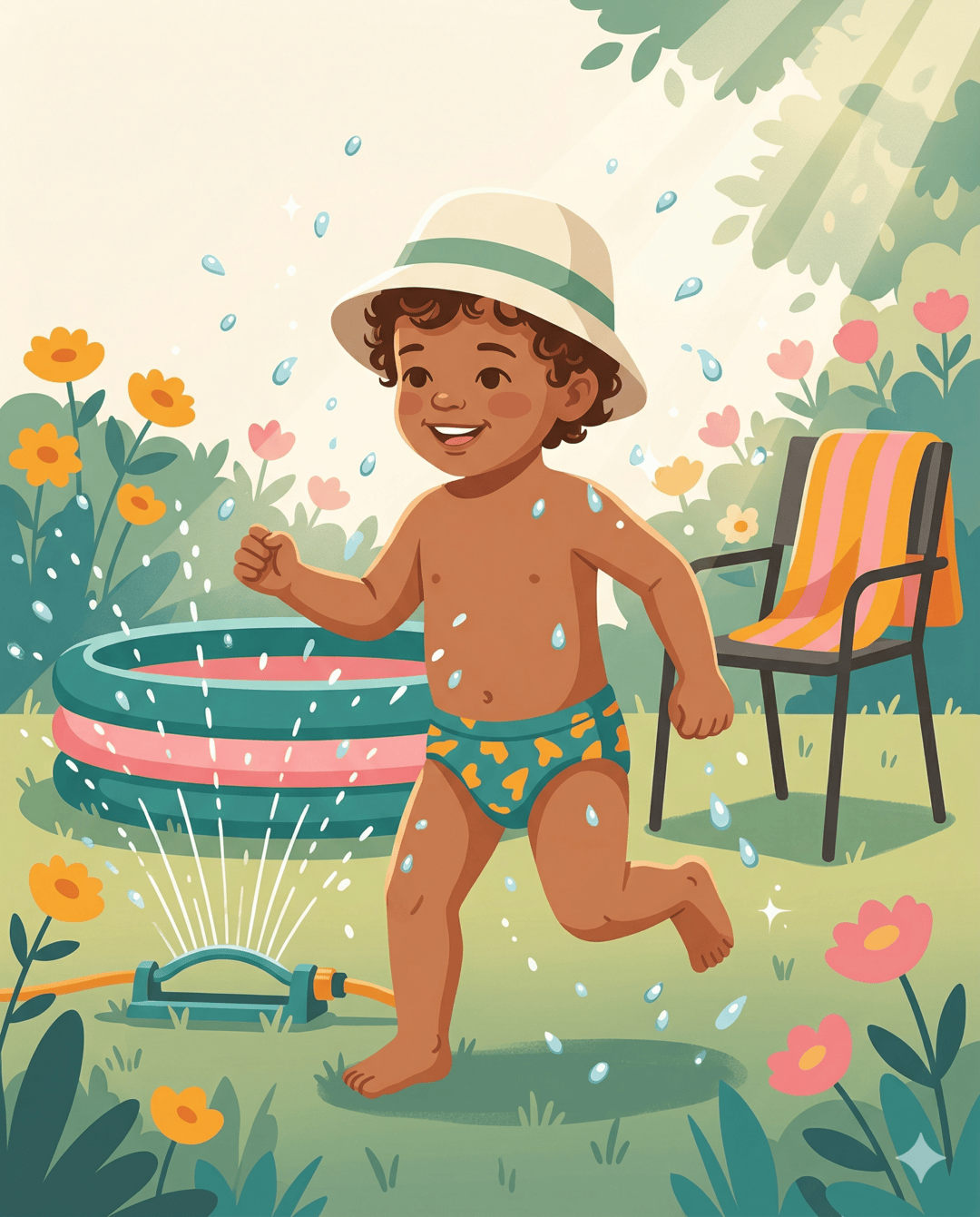 Boy in a sun hat running through a sprinkler beside a paddling pool on a summer day