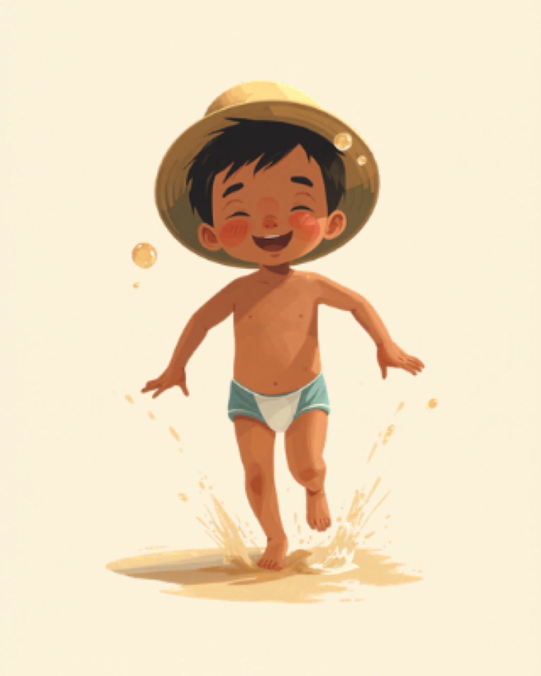 Toddler running through a garden sprinkler on a sunny day