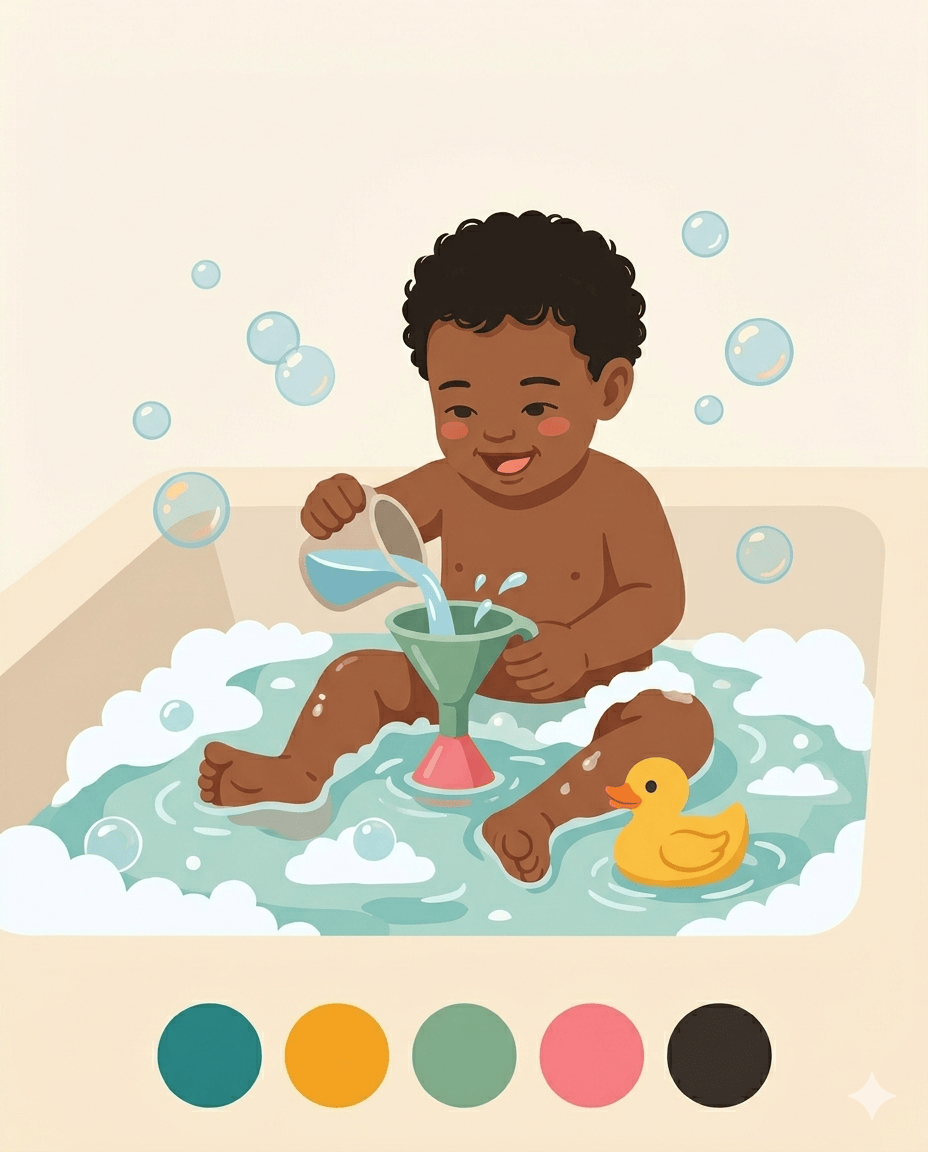 Joyful toddler in a bubbly bath pouring water through a funnel with a rubber duck nearby