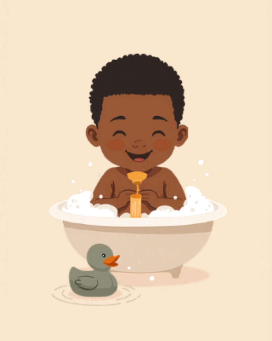 Toddler in a bubbly bathtub pouring water through a funnel toy