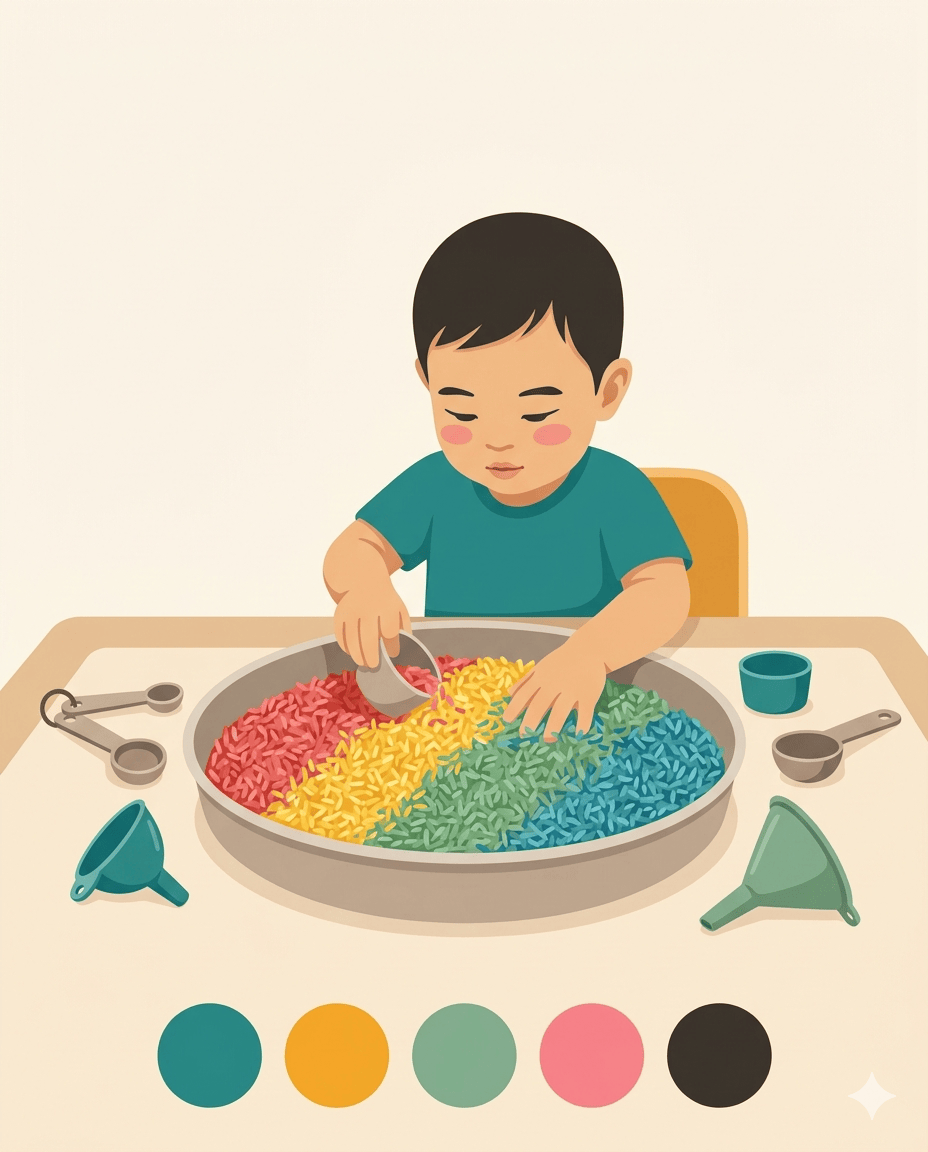 East Asian toddler scooping rainbow-coloured rice from a large tray with measuring tools