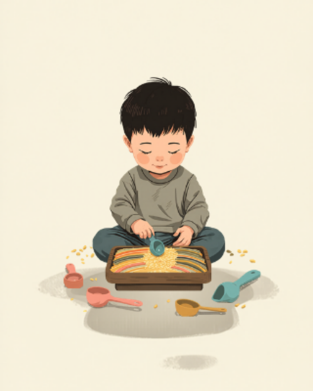 Child with hands buried in a tray of colourful rice, scooping with a cup