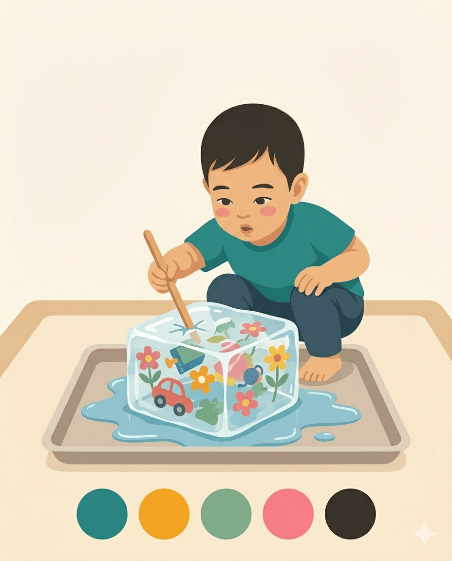 East Asian toddler crouching over an ice block with frozen toys and flowers inside