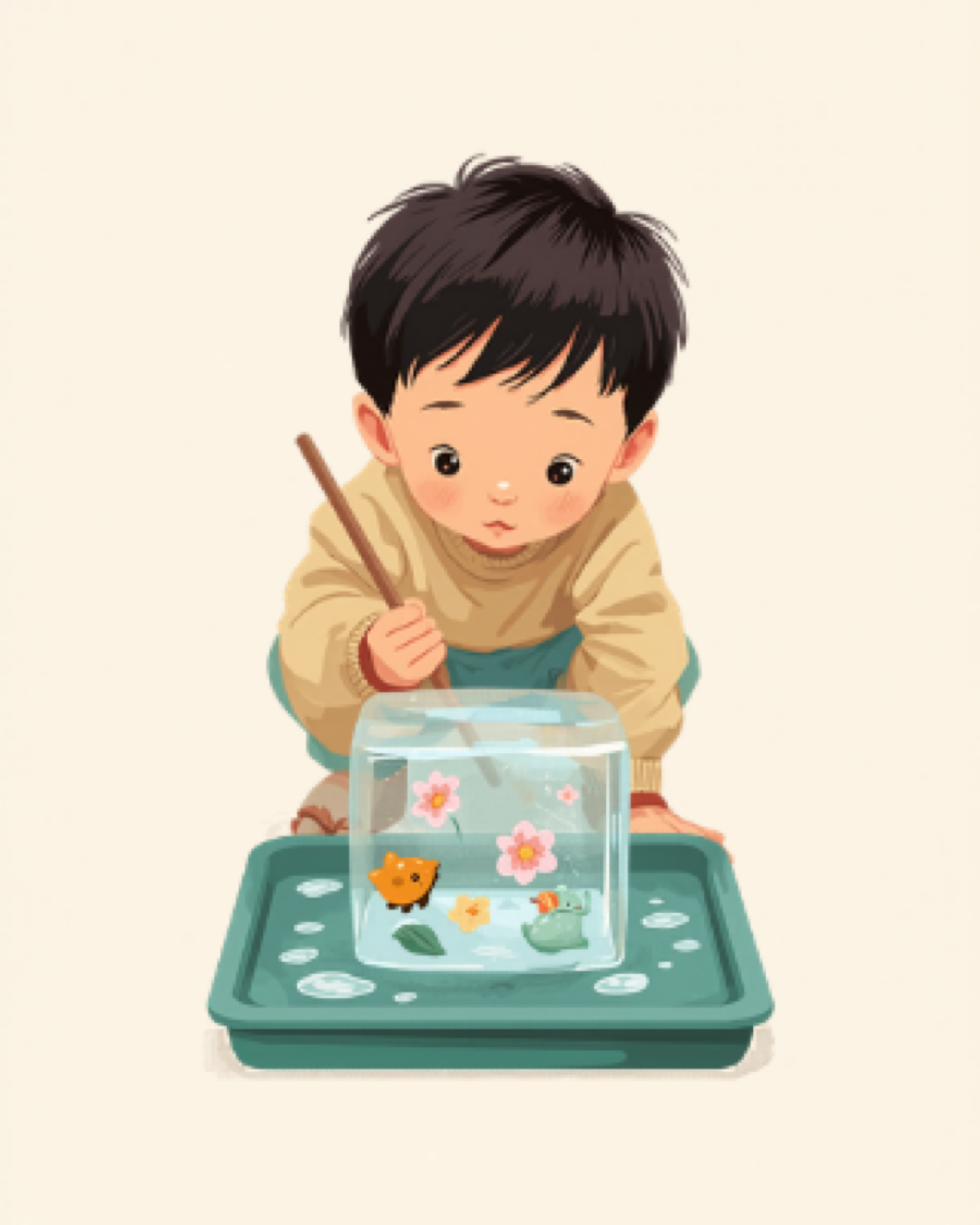Child poking at a large ice block with colourful toys frozen inside