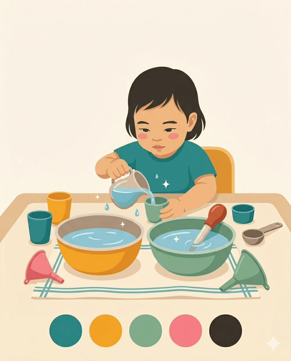 East Asian toddler pouring water from a jug into a cup between two large bowls