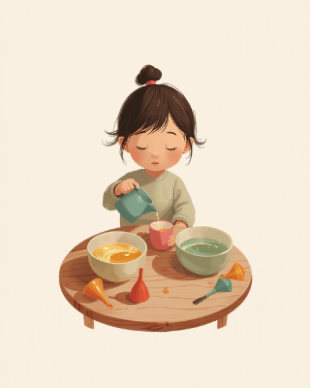 Toddler pouring water between cups at a table, watching it flow