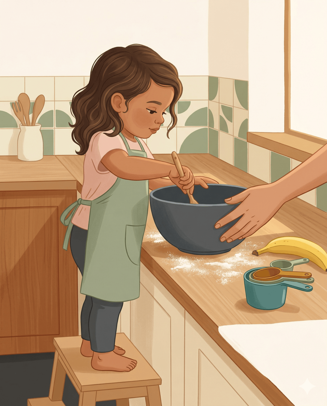 Girl in a sage apron on a step stool stirring a bowl while a parent steadies it