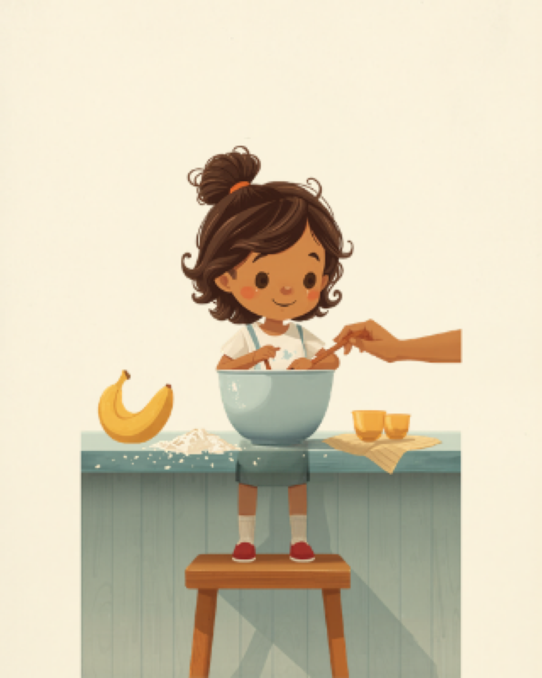 Child on a step stool stirring a mixing bowl with a parent nearby