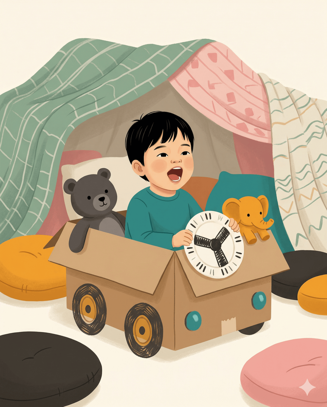 East Asian boy in a cardboard car with stuffed animals and a blanket fort behind him