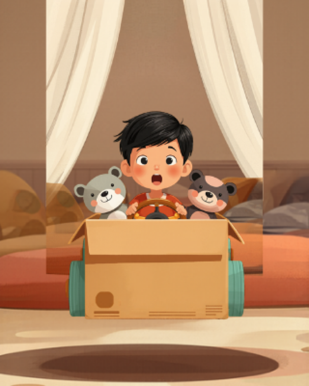 Toddler sitting inside a cardboard box car with stuffed animal passengers