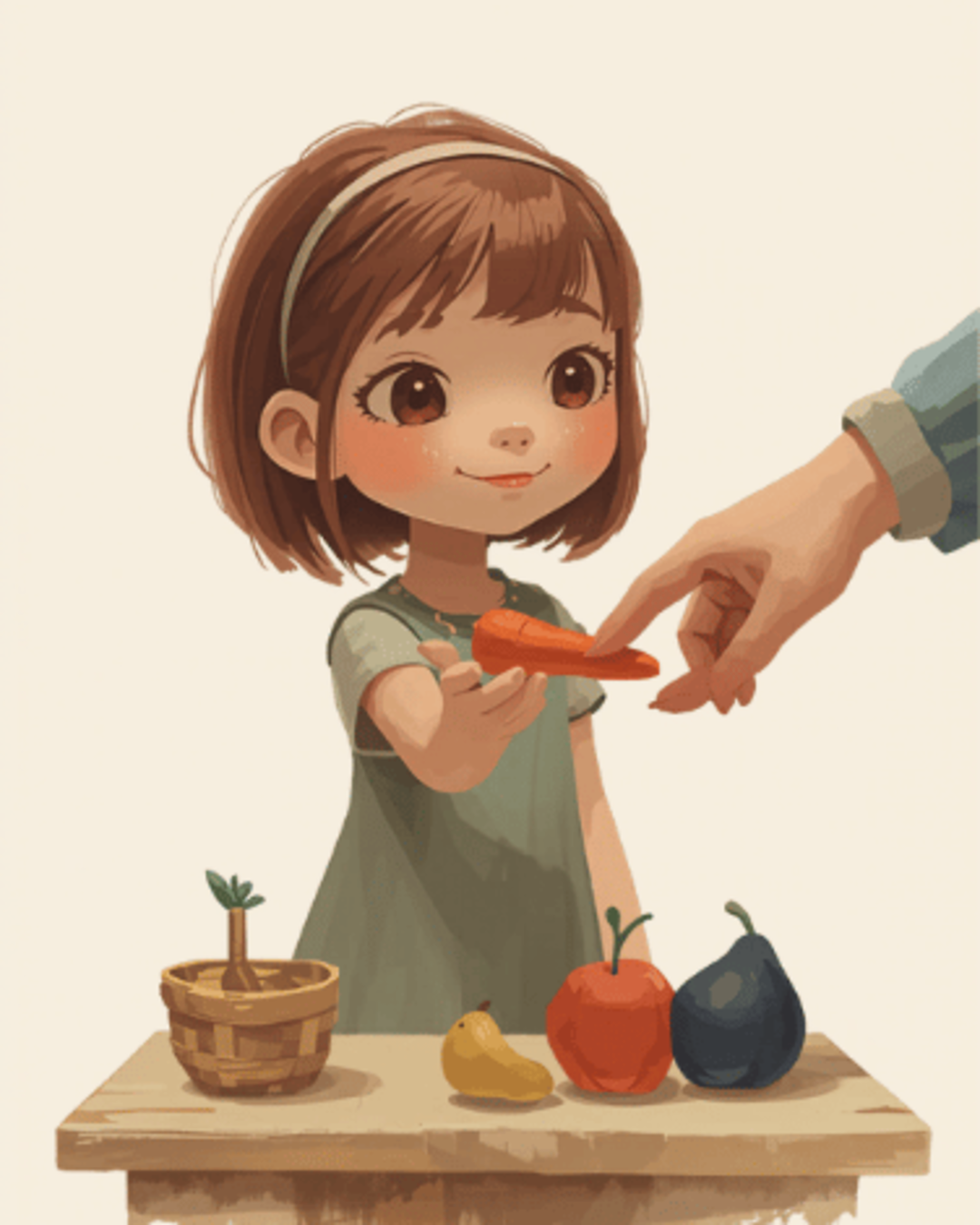 Toddler behind a pretend shop counter handing an item to an adult across the table
