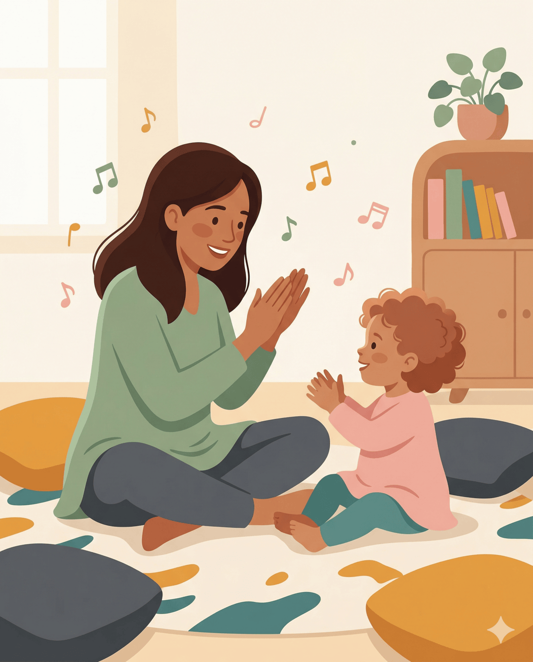Parent and curly-haired toddler clapping hands on cushions with musical notes floating