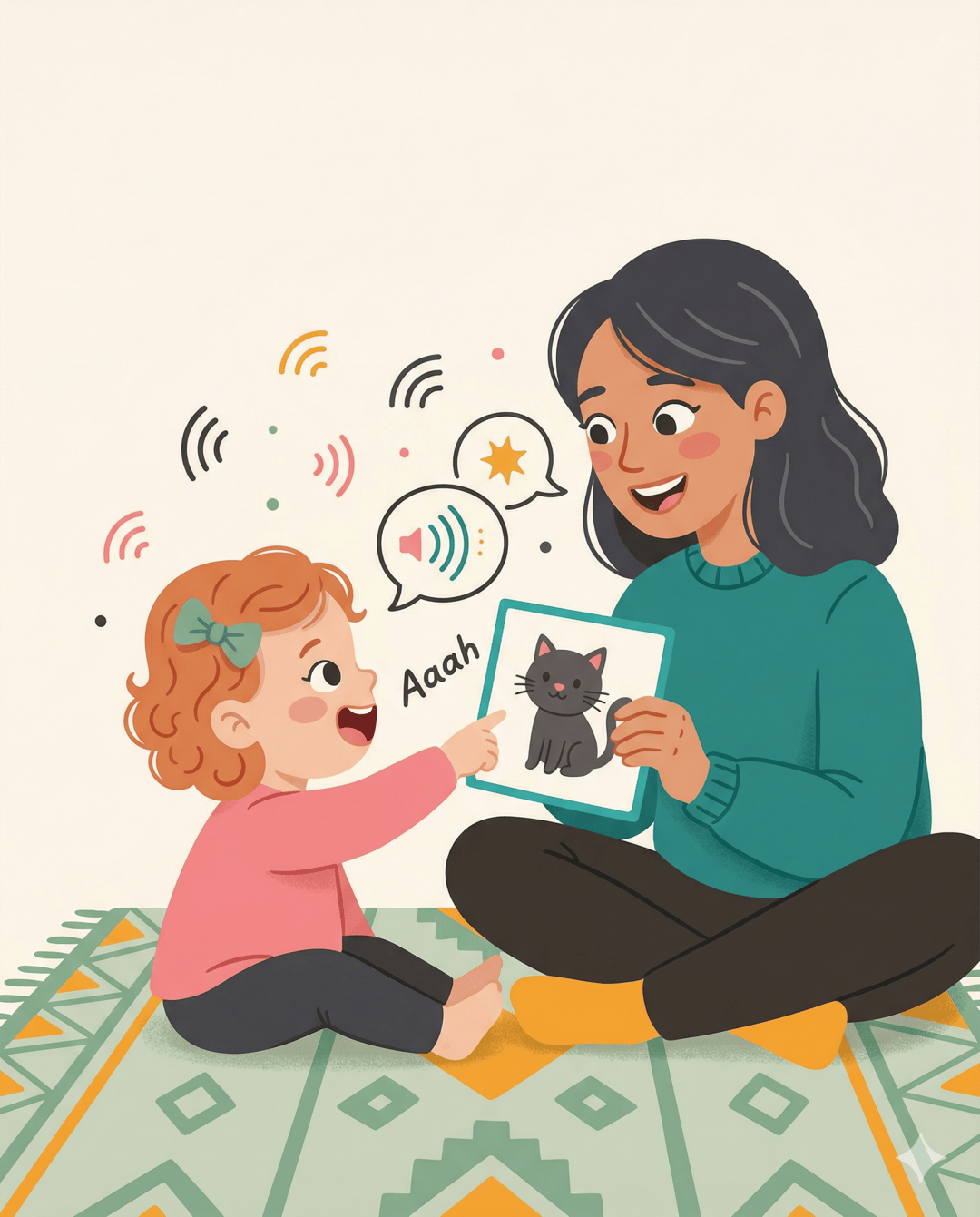 Red-haired toddler pointing at a cat picture card while parent holds it, speech bubbles floating
