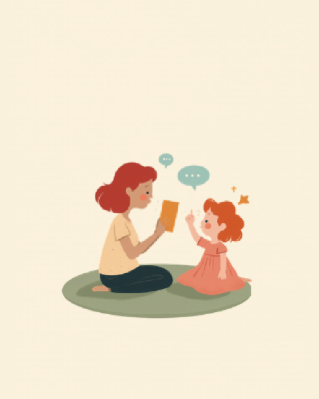 Parent and toddler face-to-face, child pointing at a picture card