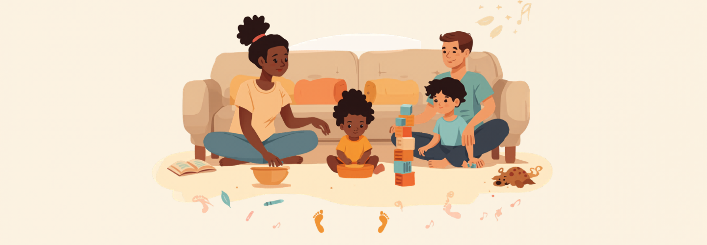 A family playing together — toddlers exploring with blocks and playdough